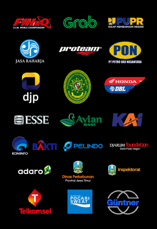 Our clients include FIM, Grab, PUPR, Jasa Raharja, Proteamp, PON, DJP, Honda, ESE, Avian, KAI, Pelindo, Adaro, Telkomsel, and Güntner